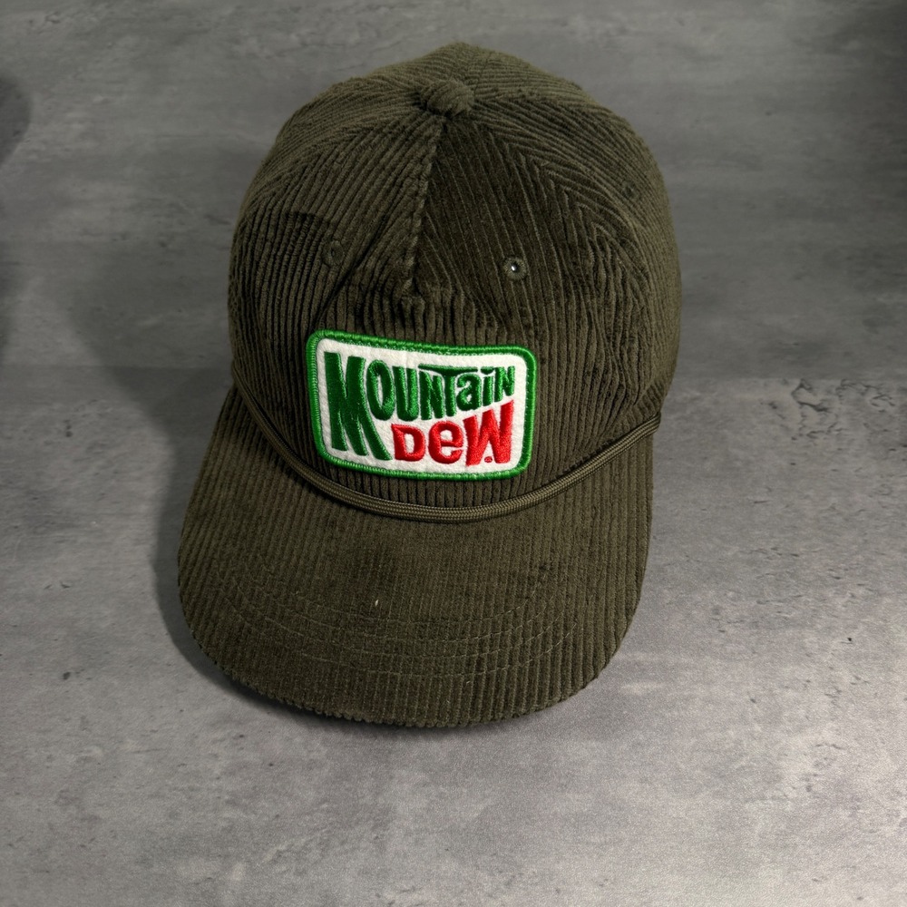 Mountain Dew Snapback Hat Army Olive Green Corduroy Rope Trucker Cap Retro Logo